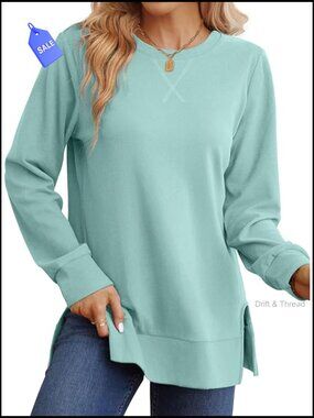 Side Split Hem Sweatshirt Women's Long Sleeve Relaxed Fit Fashion Top